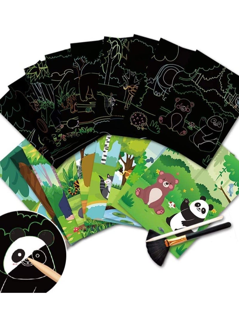 9 Pieces Cartoon Animal Design Scratch Art Set with Wooden Stylus and Brush, Black Scratch Off and Coloring Cards for Kids, Creative Toys Birthday Gift Party Game for Boys Girls - Image 1