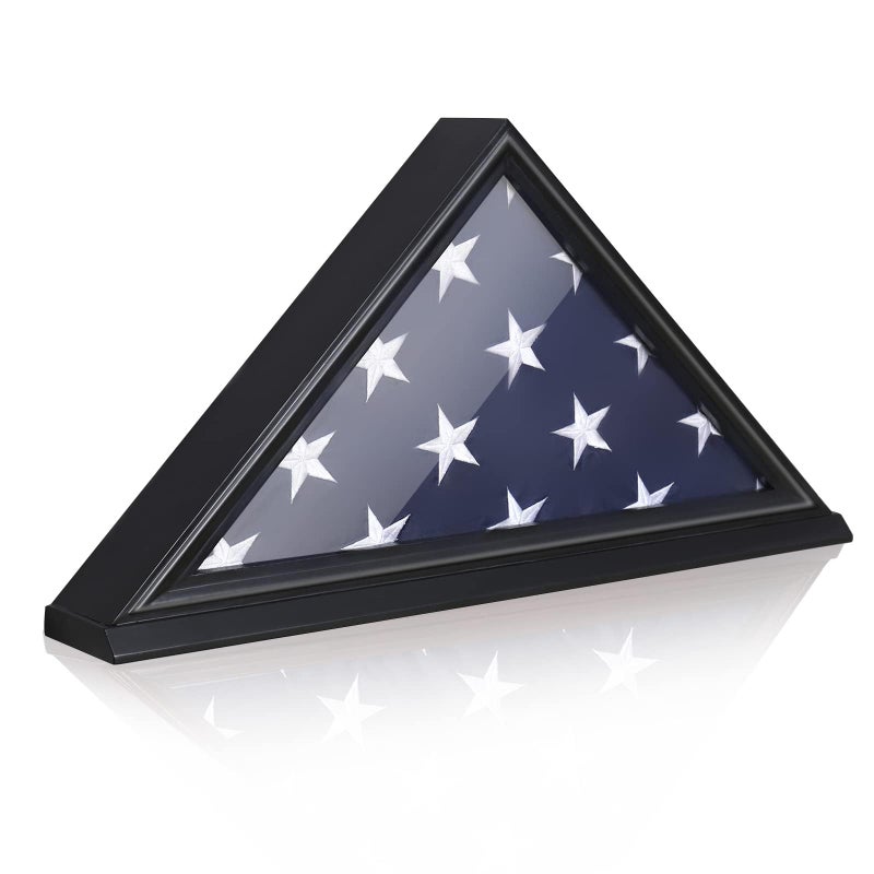 ARRAWIS Flag Display Case Thick Bottom Edge Military Flag Box with High Transparent Glass Front Solid Wood Wall Mounted Flag Case Shadow Box for 5x95 American Veteran Burial Flag Black