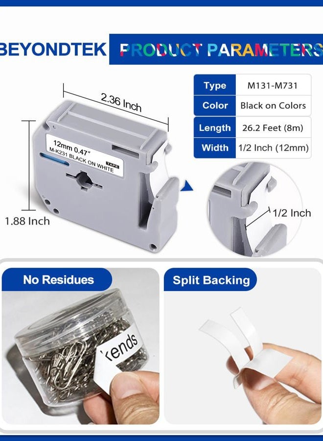 BEYONDTEK 6-Pack Compatible with Brother P-Touch M-231 M Tape M-K 131 MK 231 431 531 631 731 Label Tape for Brother PT-65 PT-90 PT-M95 PT-70BM PT-45 Label Maker Tape 12mm 0.5 Inch x 26.2 Ft - Image 2