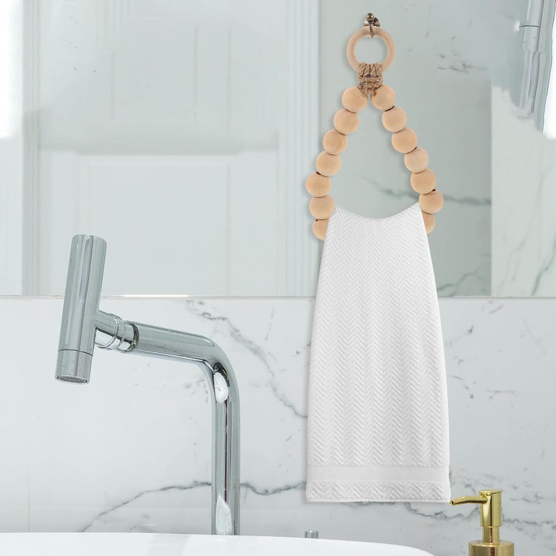 Wood Bead Towel Holder Bathroom Wall-Mounted Towel Ring with Jute Rope Nordic Style Decorative Holder for Washcloths Random Style - Image 3