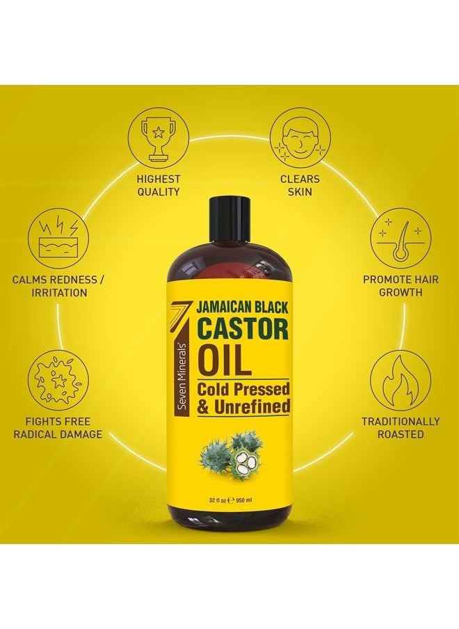 Seven Minerals - Pure Jamaican Black Castor Oil - Big 32 fl oz Bottle - Unrefined & Hexane Free - 100% Pure Jamaican Black Castor Oil for Hair Growth, Thicker Eyelashes & Eyebrows, Dry Skin, Healing, Hair Care - Image 1