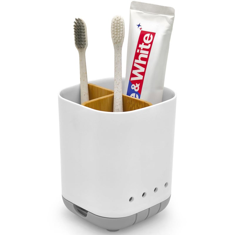 Scartink Toothbrush Holder with Bamboo Divider,Detachable for Easy Cleaning Bathroom Countertop Organizer,Plastic 3 Slots Electric Toothbrush and Toothpaste Holders Storage Caddy for Bathroom Vanity,Sink(Grey) - Image 1