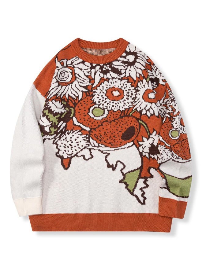 LILILEIDY Mens Crewneck Sweaters Graphic Comfortable Casual Knit Fall Winter Sweater Oversized Pullovers, Amber Sun – Sunflowers Knit Sweater, L - Image 1