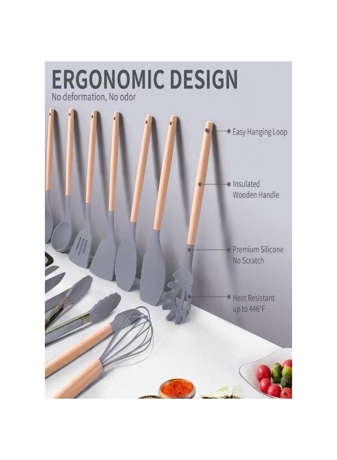 Dreamzon 19-Piece Silicone Kitchen Utensil and Knife Set with Wood Handles, Cutting Board, and Dual-Compartment Storage Block Multicolor - Image 3