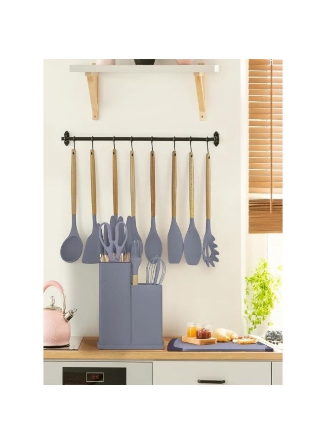 Dreamzon 19-Piece Silicone Kitchen Utensil and Knife Set with Wood Handles, Cutting Board, and Dual-Compartment Storage Block Multicolor - Image 2