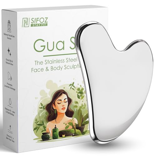 Sifoz Jade Roller & Gua Sha Set Face Roller Anti-Aging Facial Roller Natural Green Jade Beauty Massager Tool Skin Care Tool for Face Neck Eye to Reduce Wrinkles and Relax Body Muscles (Steel Gua sha) - Image 1