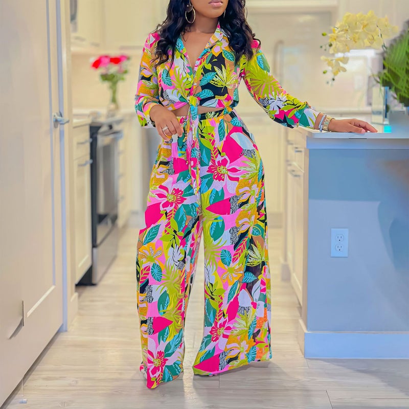 Women's Floral Print 2-Piece Set with Notch Collar and Tie Waist - Image 1