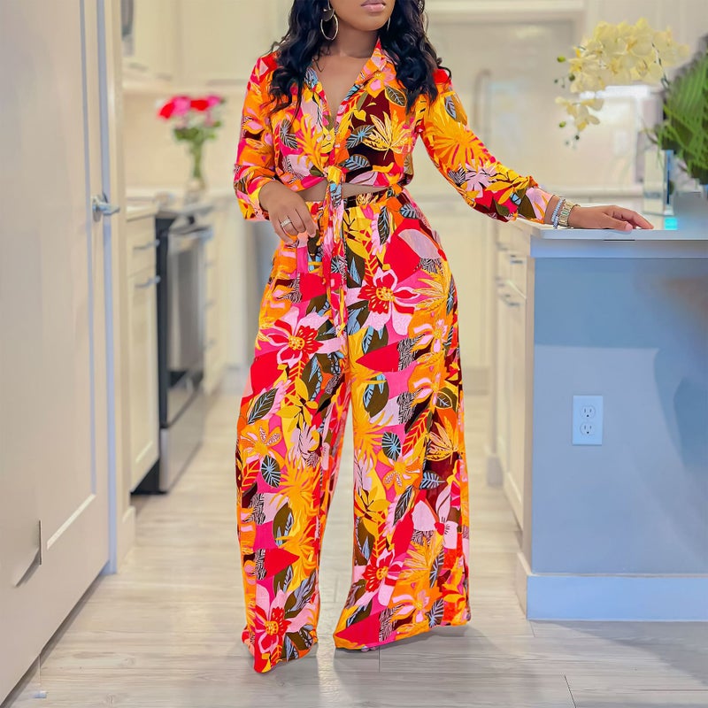 Women's Floral Print 2-Piece Set with Notch Collar and Tie Waist - Image 3