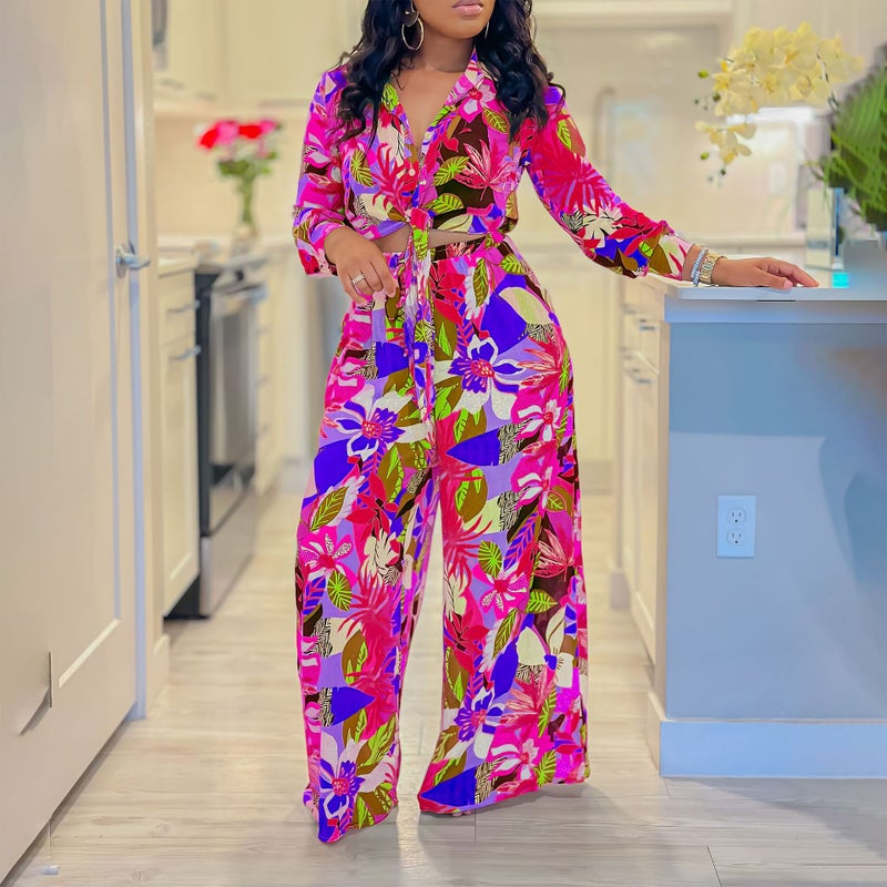 Women's Floral Print 2-Piece Set with Notch Collar and Tie Waist - Image 2