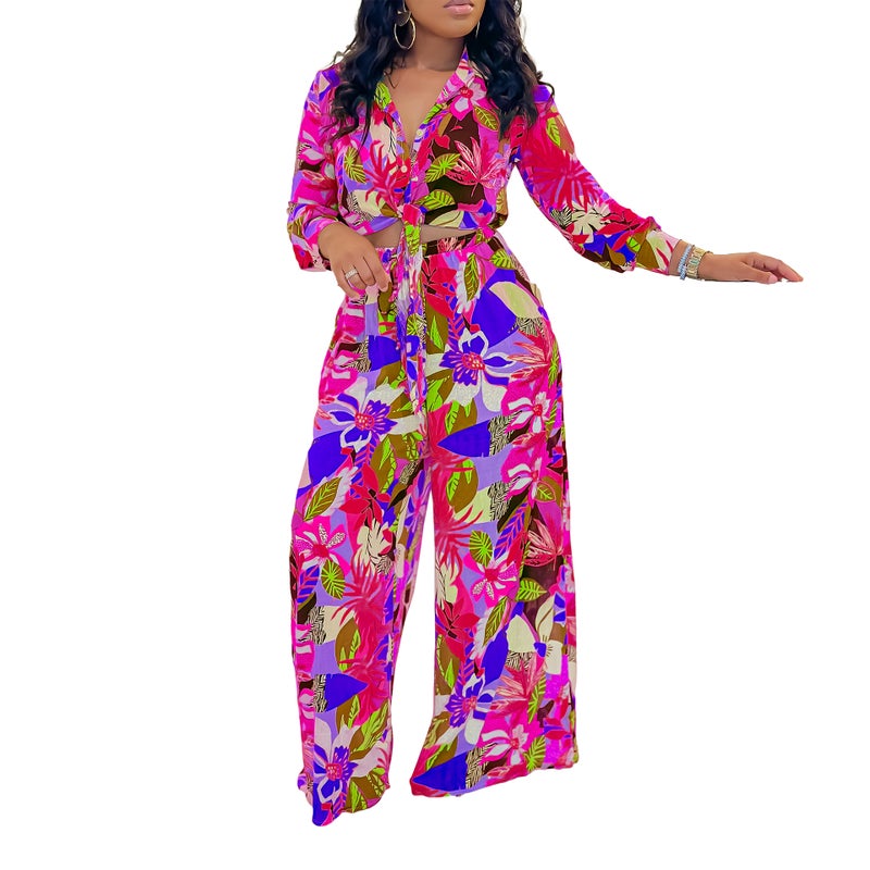 Women's Floral Print 2-Piece Set with Notch Collar and Tie Waist - Image 5