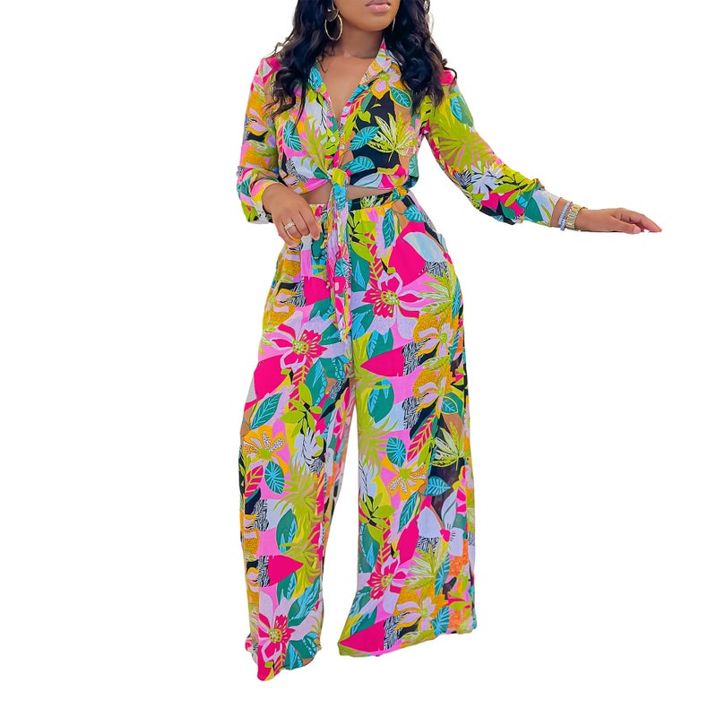 Women's Floral Print 2-Piece Set with Notch Collar and Tie Waist - Image 4