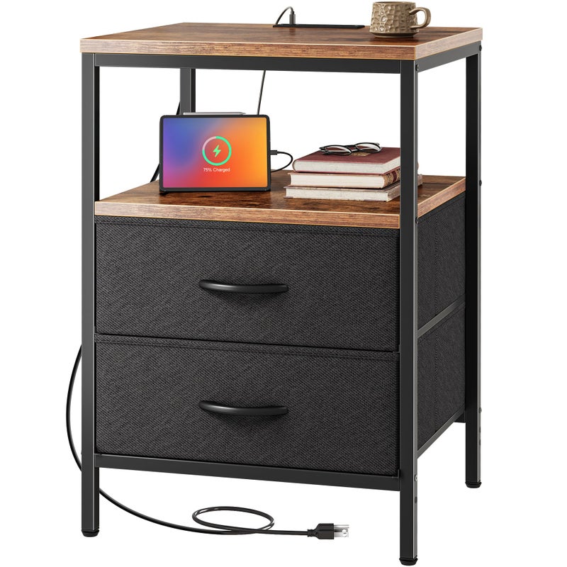 Huuger Night Stand with Charger Station, 27.7 Inch Tall Nightstand, Bed Side Table with 2 Fabric Drawers, Fabric Drawer Dresser for Bedroom, Living Room, Rustic Brown and Black - Image 1