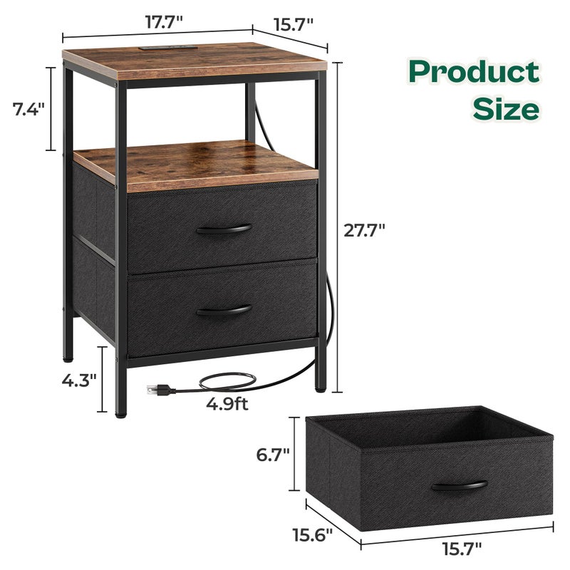 Huuger Night Stand with Charger Station, 27.7 Inch Tall Nightstand, Bed Side Table with 2 Fabric Drawers, Fabric Drawer Dresser for Bedroom, Living Room, Rustic Brown and Black - Image 5