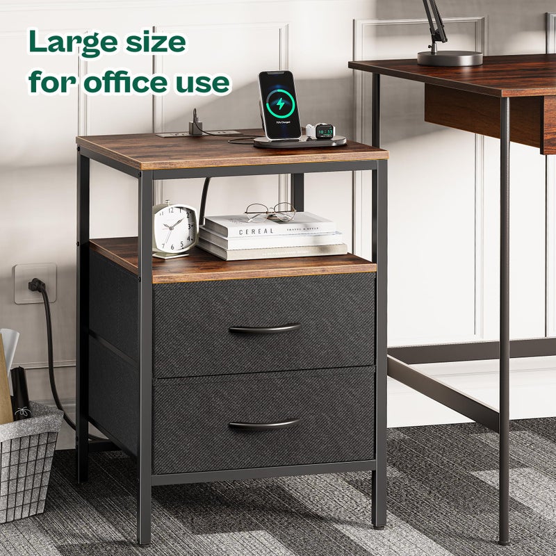 Huuger Night Stand with Charger Station, 27.7 Inch Tall Nightstand, Bed Side Table with 2 Fabric Drawers, Fabric Drawer Dresser for Bedroom, Living Room, Rustic Brown and Black - Image 2