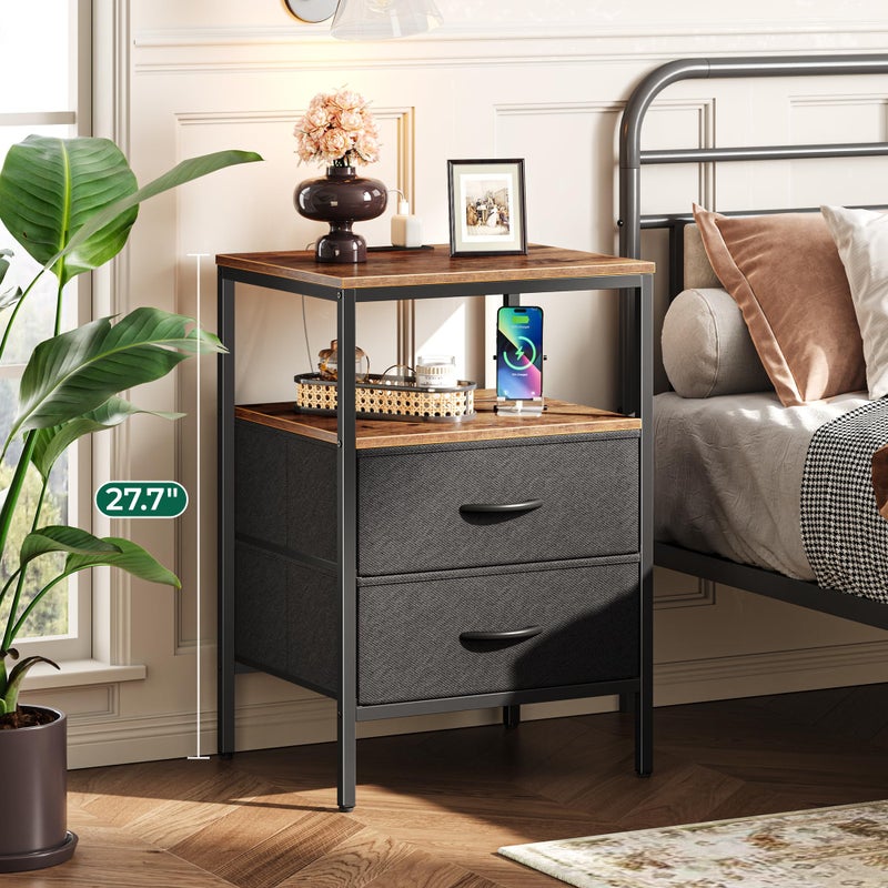 Huuger Night Stand with Charger Station, 27.7 Inch Tall Nightstand, Bed Side Table with 2 Fabric Drawers, Fabric Drawer Dresser for Bedroom, Living Room, Rustic Brown and Black - Image 4