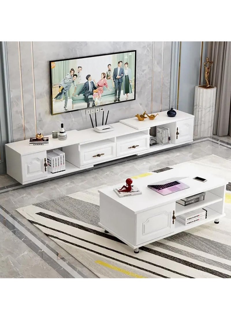 Generic TV Table White TV Stand TV Cabinet with Drawer Cabinet Door and Open Storage  Extendable TV Entertainment Table Modern TV Table for Living Room（140-220×30×40CM） - Image 2