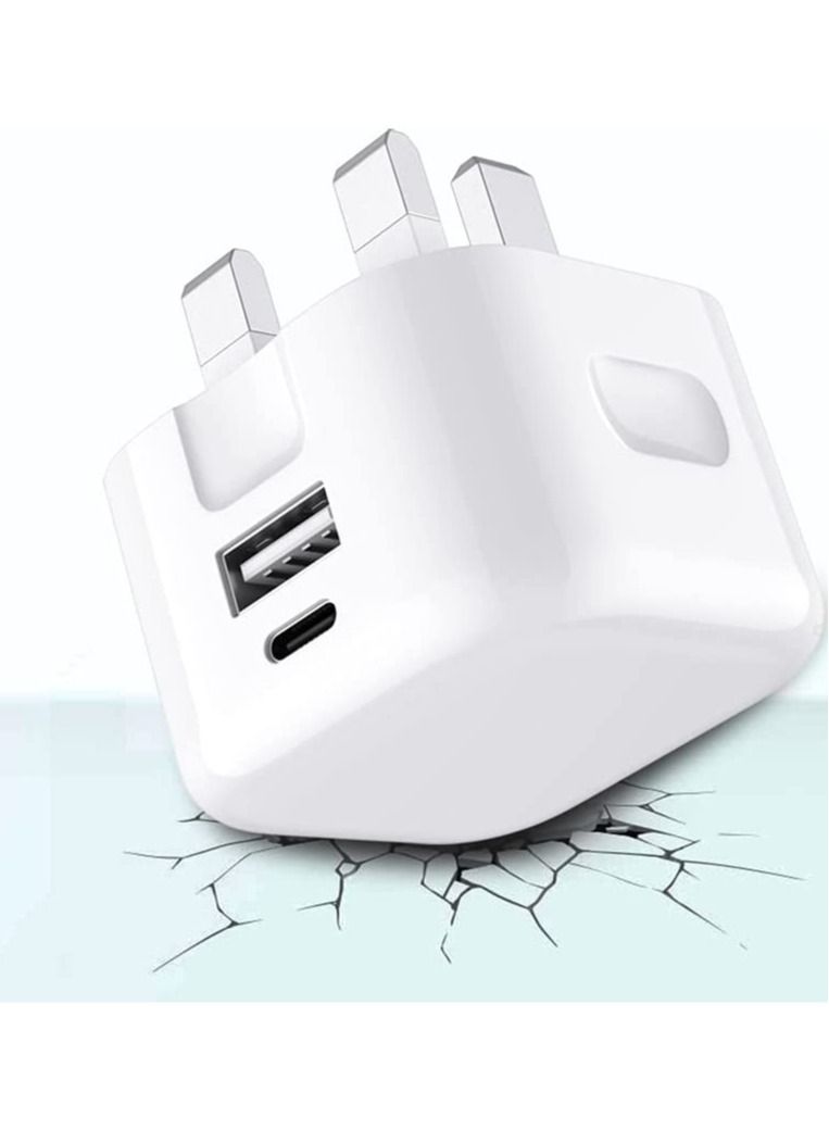 USB + Type C Fast Charger Plug For Samsung Galaxy S23/S23 Plus/S23 Ultra/A14 5G/A54/S22 5G/S22 Plus 5G/S22 Ultra 5G/A53 5G/A13/A23 20W Dual Port UK Wall Plug Travel Fast Charging Plug (WHITE) - Image 2