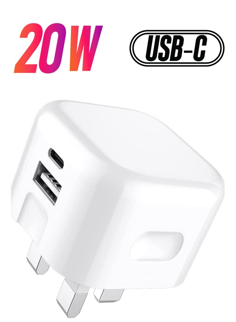 USB + Type C Fast Charger Plug For Samsung Galaxy S23/S23 Plus/S23 Ultra/A14 5G/A54/S22 5G/S22 Plus 5G/S22 Ultra 5G/A53 5G/A13/A23 20W Dual Port UK Wall Plug Travel Fast Charging Plug (WHITE) - Image 1