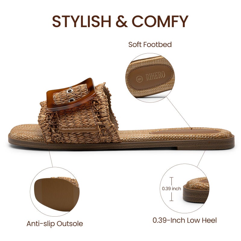 Rihero Raffia Flat Sandals for Women Slip On Beach Slides Square Toe Summer Buckle Fashion Woven Sandals Dark Brown Size 7.5 - Image 4