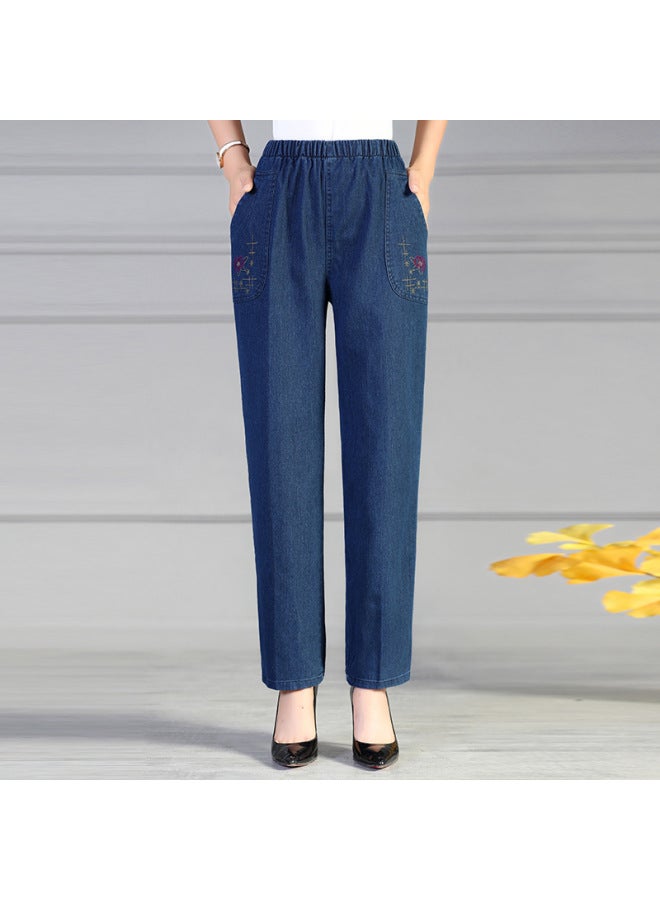 Middle-aged And Elderly Wen's Straight-leg Jeans, High-waisted Spring And Autumn Elastic Waist Plus-size Casual Pants New