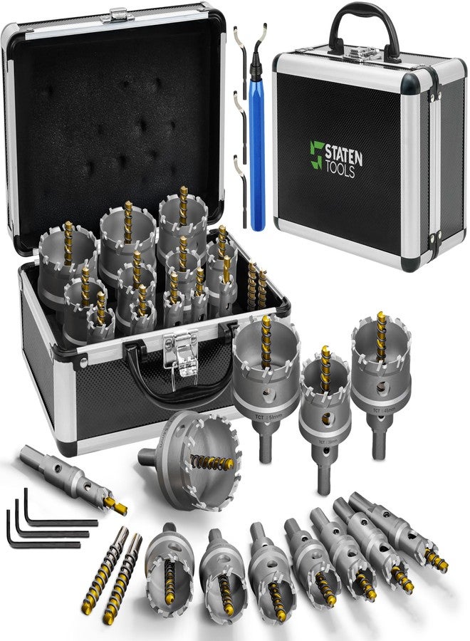 Staten tools TCT Hole Saw Kit 22 Pcs - Carbide Hole Saw Set 9/16" to 2-1/8" for Metal, Stainless Steel, Wood - Includes 2 Drill Bits, Deburring Tool, 4 Blades, 3 Allen Wrenches - Industrial & DIY Use - Image 1