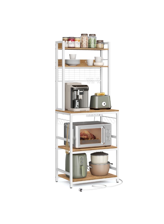 VASAGLE رف تخزين المطبخ مع منفذ طاقة، بار القهوة، رف الخباز، مع لوحة سلك معدني، 14 خطاف، لميكروويف، إطار فولاذي، 40 x 60 x 170 سم، جوزي ريفي وأبيض - Image 1