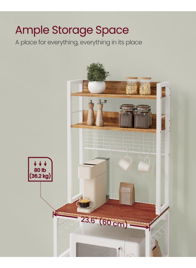 VASAGLE رف تخزين المطبخ مع منفذ طاقة، بار القهوة، رف الخباز، مع لوحة سلك معدني، 14 خطاف، لميكروويف، إطار فولاذي، 40 x 60 x 170 سم، جوزي ريفي وأبيض - Image 3