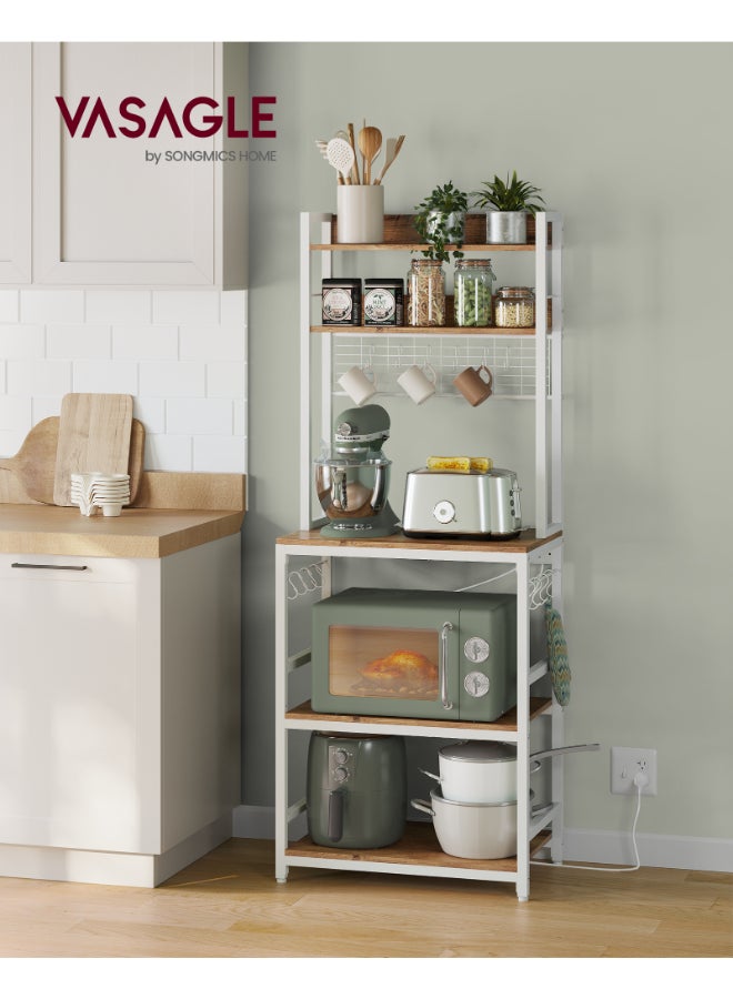 VASAGLE رف تخزين المطبخ مع منفذ طاقة، بار القهوة، رف الخباز، مع لوحة سلك معدني، 14 خطاف، لميكروويف، إطار فولاذي، 40 x 60 x 170 سم، جوزي ريفي وأبيض - Image 2
