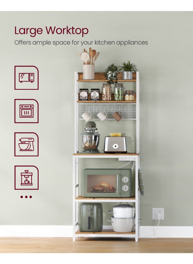VASAGLE رف تخزين المطبخ مع منفذ طاقة، بار القهوة، رف الخباز، مع لوحة سلك معدني، 14 خطاف، لميكروويف، إطار فولاذي، 40 x 60 x 170 سم، جوزي ريفي وأبيض - Image 5