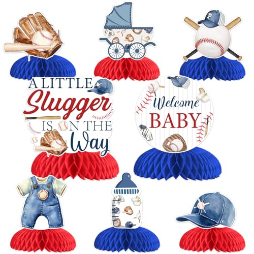 Balterever 8PCS a Little Slugger is On the Way Honeycomb Centerpieces Baseball Baby Shower Decorations Baseball Baby Shower Table Decorations for Sports Theme Baby Shower Party Supplies - Image 1