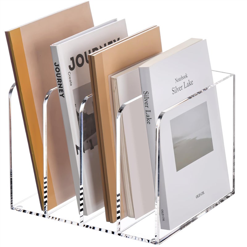 YUXUN Acrylic Magazine Holder,Clear Desk Organizer File Sorter for Notebook,Paper,Envelope,Magazine, Book Storage-Office/Home/Classroom Organization(4 Compartments,B5) - Image 1