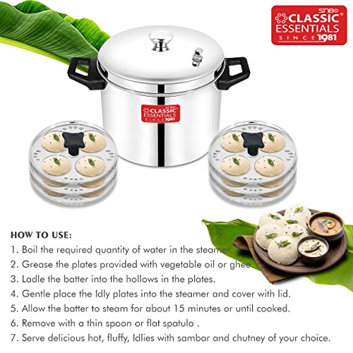 Classic Essentials Stainless Steel Idli Cooker with 6 Plates | Idli/Dhokla/Momos Maker & Steamer | Bakelite Handle | Gas Stove and Induction Compatible | Kitchen Accessories | Silver - Image 2