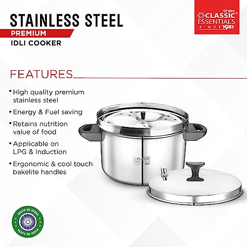 Classic Essentials Stainless Steel Idli Cooker with 6 Plates | Idli/Dhokla/Momos Maker & Steamer | Bakelite Handle | Gas Stove and Induction Compatible | Kitchen Accessories | Silver - Image 3