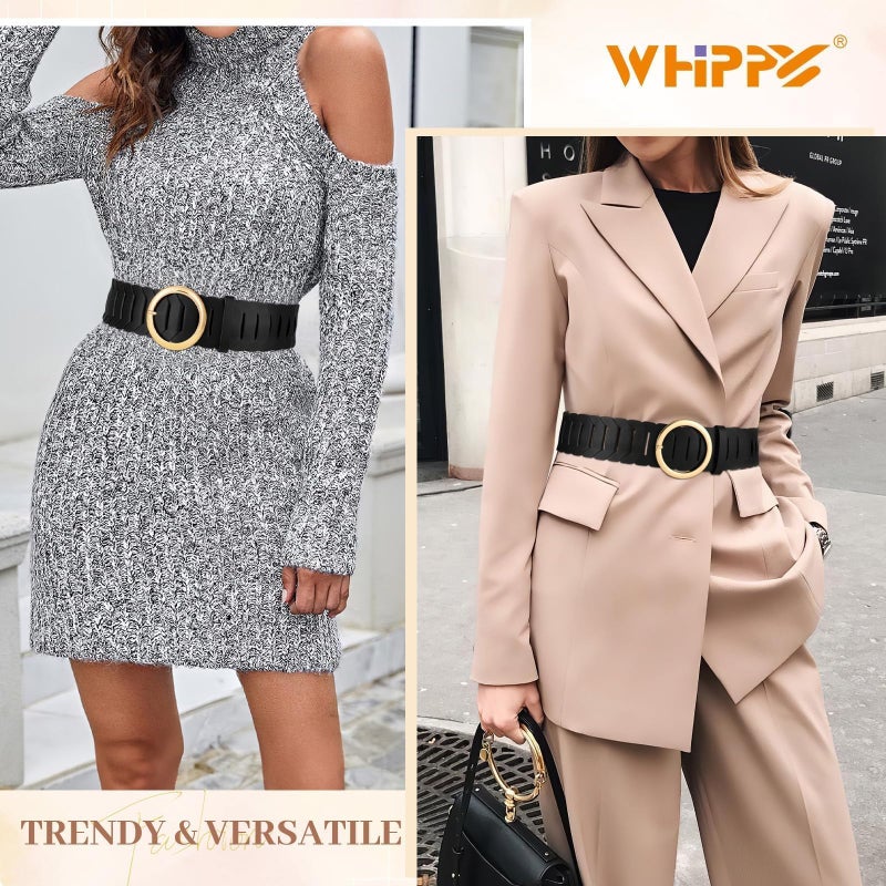 WHIPPY Wide Belts for Women with Fashion Round Gold Buckle Vintage Ladies Braided Wide Waist Belts for Dresses Coats, Black, M - Image 4