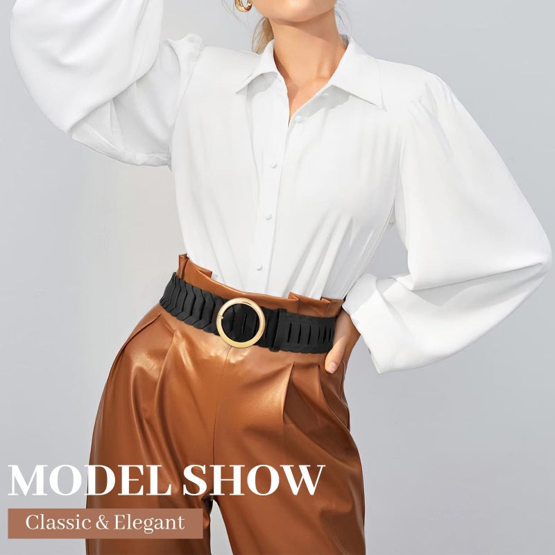 WHIPPY Wide Belts for Women with Fashion Round Gold Buckle Vintage Ladies Braided Wide Waist Belts for Dresses Coats, Black, M - Image 3