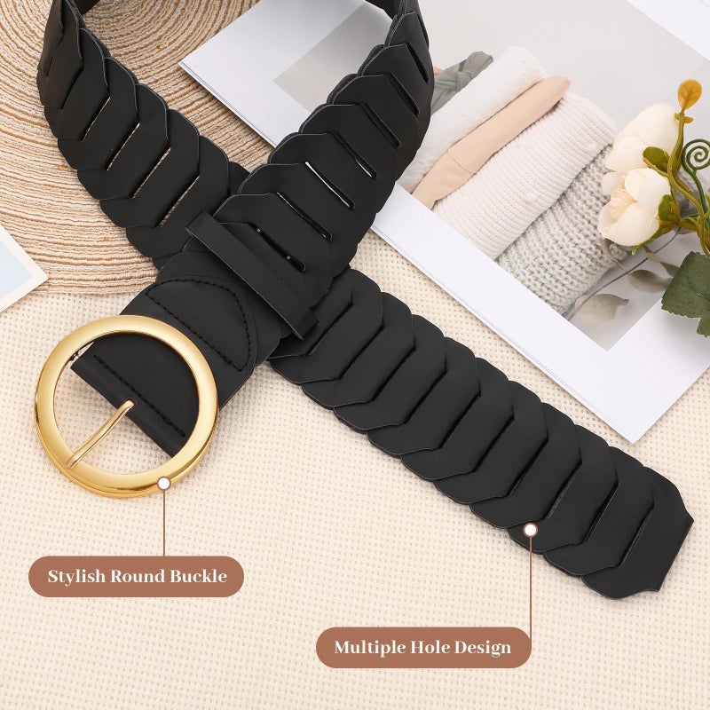 WHIPPY Wide Belts for Women with Fashion Round Gold Buckle Vintage Ladies Braided Wide Waist Belts for Dresses Coats, Black, M - Image 2