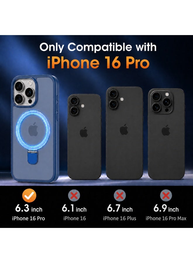 حافظة بحامل حلقي مغناطيسي لهاتف iPhone 16 Pro  مقاس 6.3 بوصة، غطاء شبه شفاف مطفي مقاوم للصدمات مع 3 واقيات لعدسات الكاميرا، أزرق - Image 2