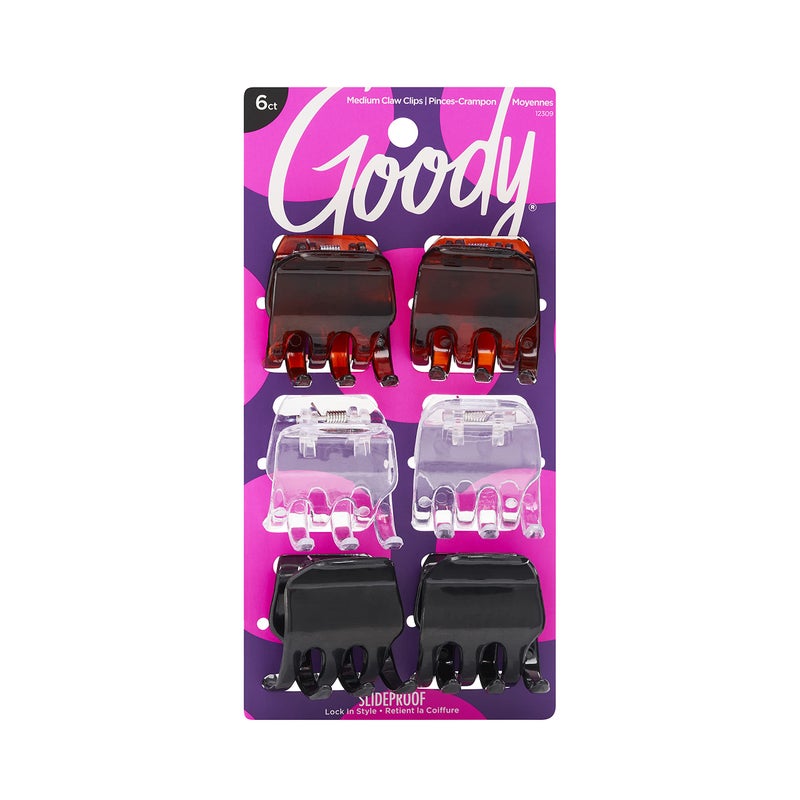 Goody Classic Claw Hair Clips - 6-Count, Clear, Brown and Black - 1/2 Claw Will Gently Keep Hair Secured In Place with a Long Lasting Hold, color may vary - Image 1