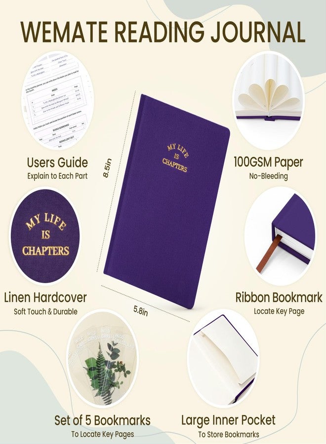 WEMATE Reading Journal - 80 Reviews & 5 Bookmarks Reading Log, Book Journal for Book Lovers Gifts with 220 Pages, Reading Tracker for Progress & Notes, A5 (Purple) - Image 2