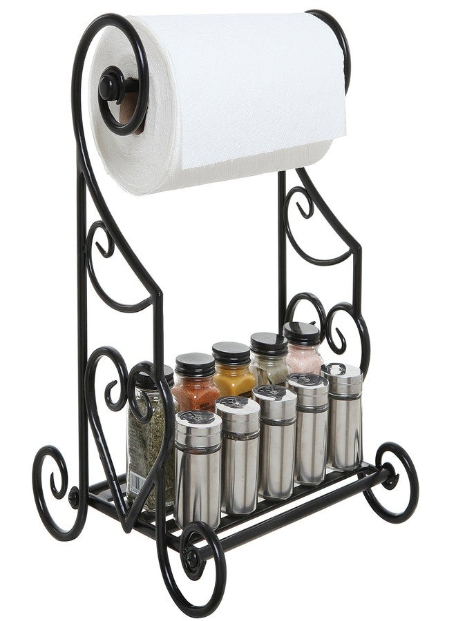 MyGift Decorative Paper Towel Holder Heart Scroll Metal Paper Towel Holder Stand with Slatted Condiment Shelf Rack, Black Gothic Kitchen Decor Accessories - Image 1