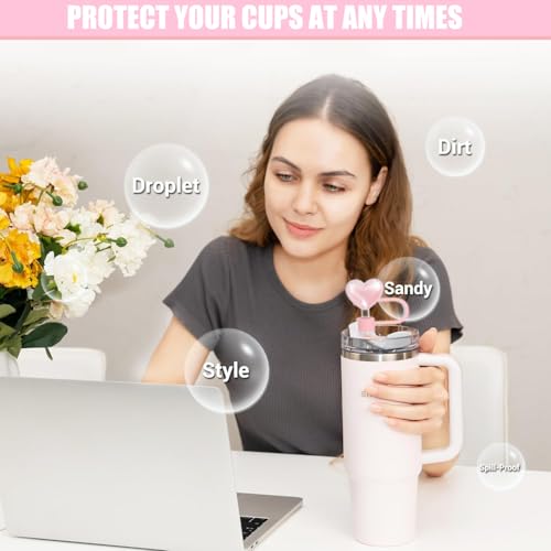 Cussom Shiny Straw Toppers, 4 Pieces Bling Heart Stanley Cup Accessories Cute Straw Cover Tips for Stanley 30&40 Oz Tumbler with Handle, Dust-Proof Reusable Straw Lids(Pink and White) - Image 4