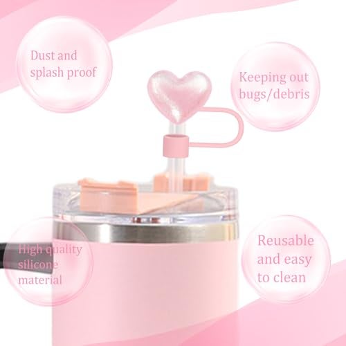 Cussom Shiny Straw Toppers, 4 Pieces Bling Heart Stanley Cup Accessories Cute Straw Cover Tips for Stanley 30&40 Oz Tumbler with Handle, Dust-Proof Reusable Straw Lids(Pink and White) - Image 2