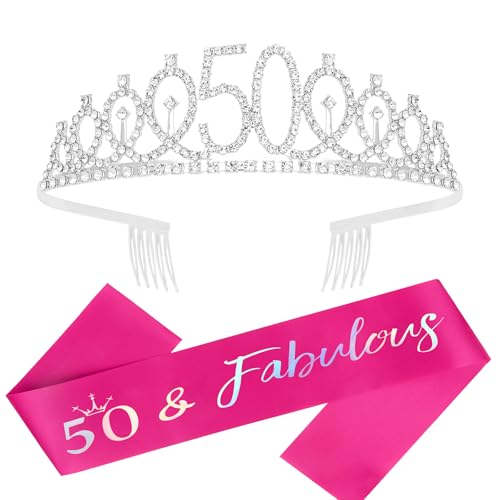 Semato 50th Birthday Tiara and Sash Kit - Hot Pink, Rhinestone, Alloy, Festive, Women's 50th Birthday Crown and Sash Set - Image 1