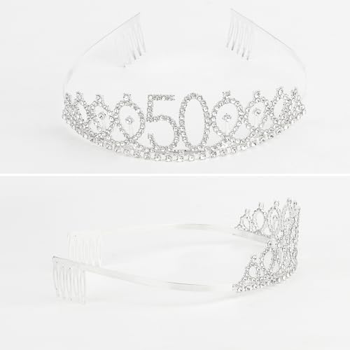 Semato 50th Birthday Tiara and Sash Kit - Hot Pink, Rhinestone, Alloy, Festive, Women's 50th Birthday Crown and Sash Set - Image 2