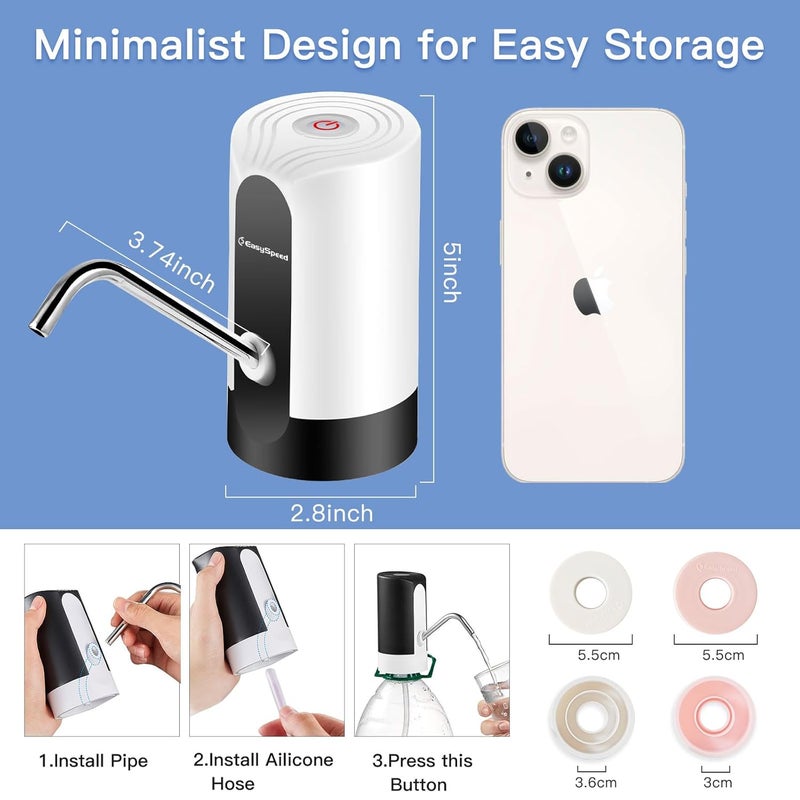 EASY SPEED EASYSPEED Water Dispenser for 5 Gallon Bottle Portable USBC Charging Automatic Electric Water Pump for 1 2 3 4 Gallon Jug Drinking Camping Travel Kitchen Office White - Image 5