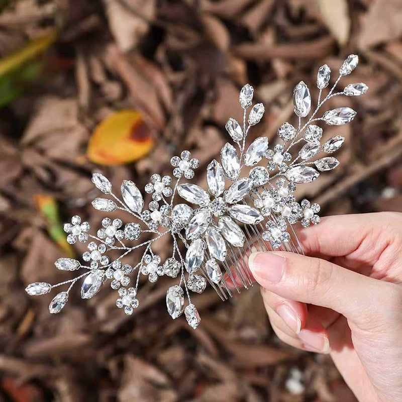 Unsutuo Crystal Bride Wedding Hair Comb Silver Rhinestone Flower Bridal Hair Pieces Pearl Wedding Hair Accessories for Women and Girls Silver