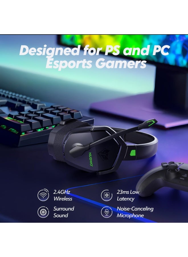 نوبو سماعة ألعاب لاسلكية مزدوجة NUBWO G06 مع ميكروفون لأجهزة PS5 و PS4 والكمبيوتر الشخصي - صوت منخفض التأخير 23 مللي ثانية - 100 ساعة من وقت اللعب - مشغلات صوتية 50 مم (أسود-أخضر) - Image 2