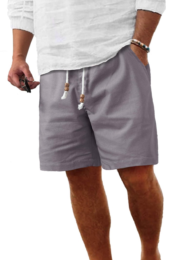 Comdecevis شورتات لينين للرجال من كومديكفيس، خفيفة الوزن، بحزام مرن وسلك سحب، صيفية، شاطئية، لقضاء العطلات، لليوغا، ولعبة الجولف، مع جيوب، كبيرة، رمادية داكنة - Image 1