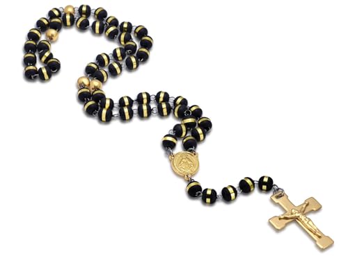 JAJAFOOK Mens Black Stainless Steel Black Gold Silicone Beads Rosary Necklace with Cross Pendant - Image 1