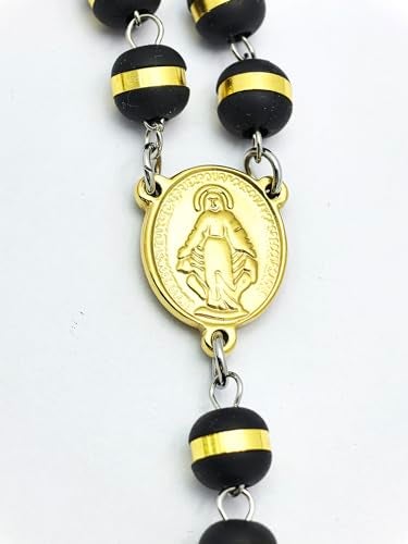 JAJAFOOK Mens Black Stainless Steel Black Gold Silicone Beads Rosary Necklace with Cross Pendant - Image 4